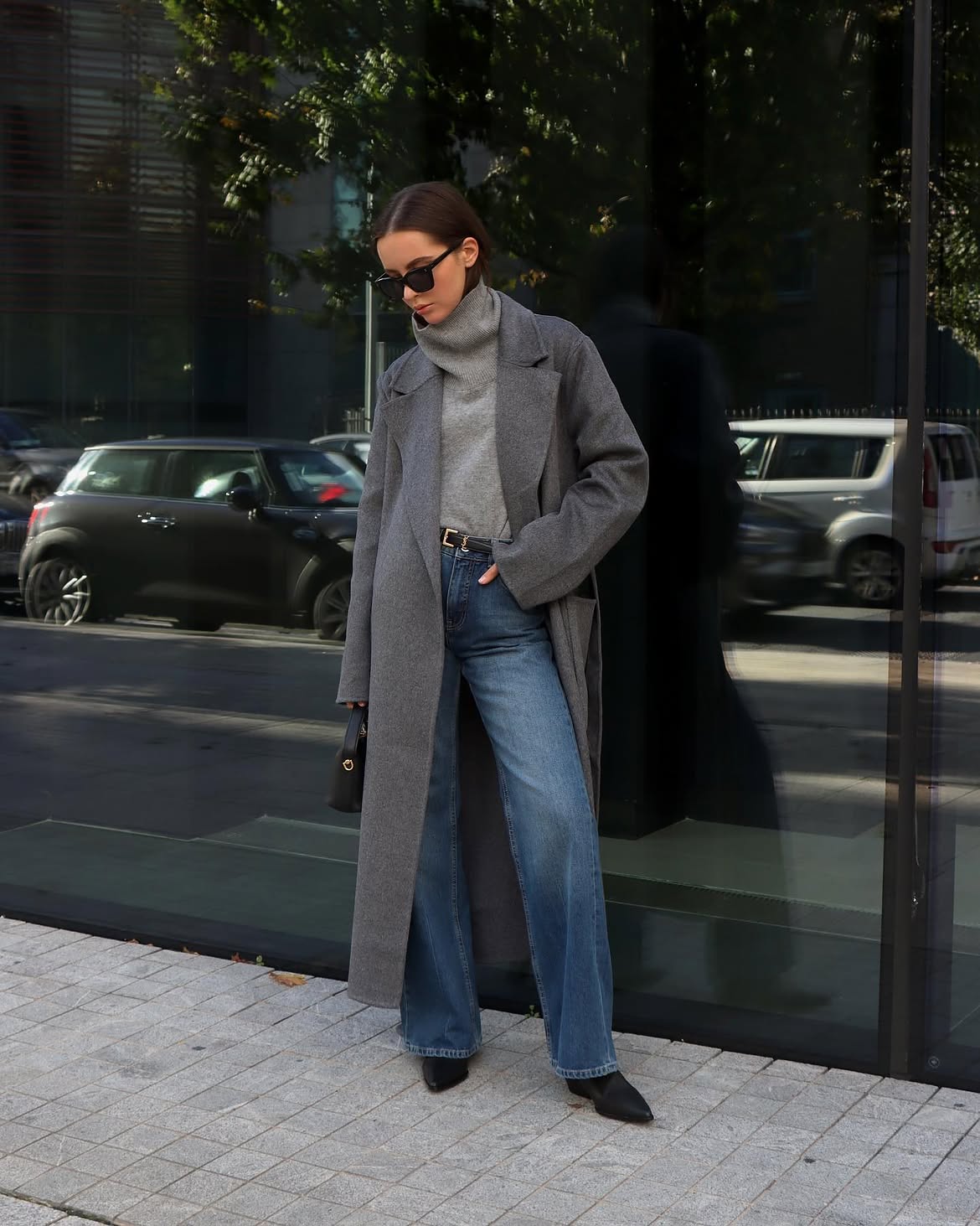 Oversized Grey Coat With Wide Leg Jeans