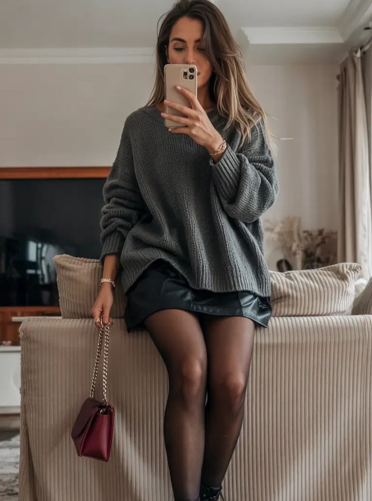 Oversized Grey Knit Sweater With Faux Leather Skirt