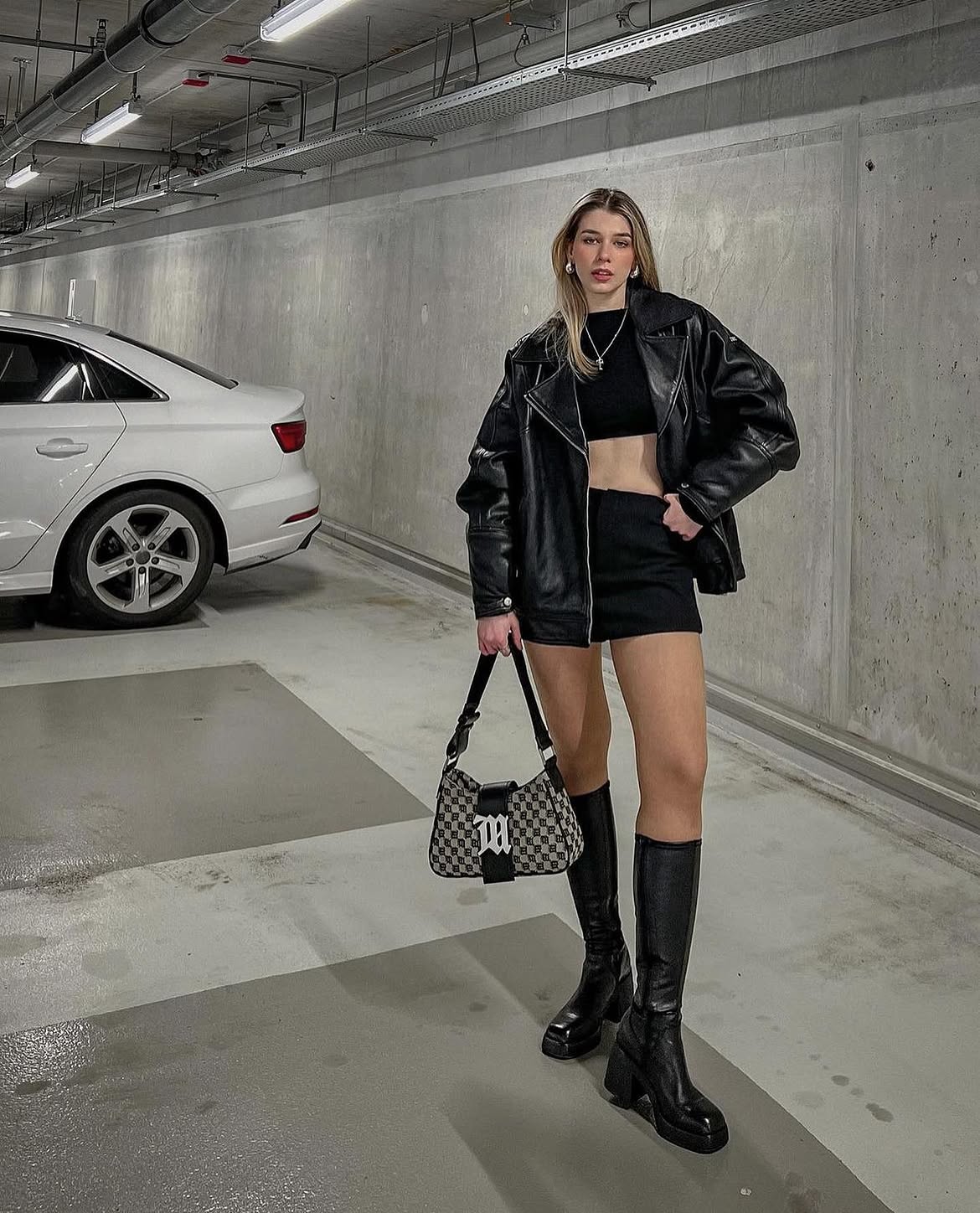 Oversized Leather Biker Jacket And Knee High Boots