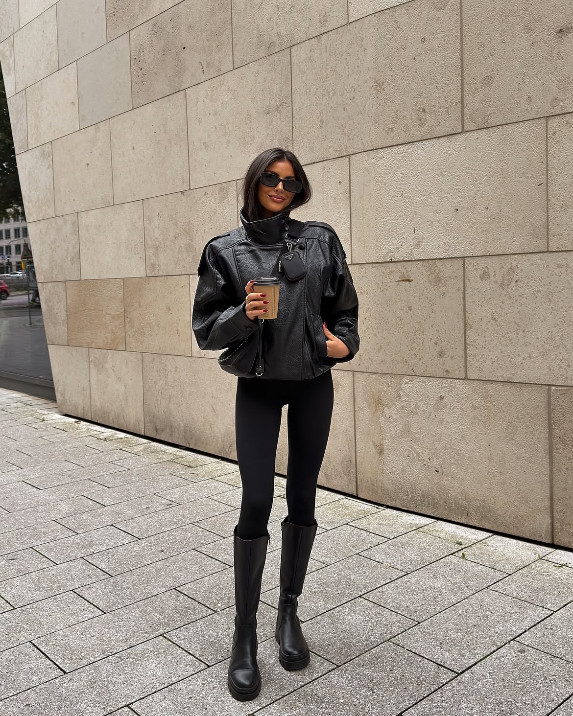 Oversized Leather Biker Jacket With Knee High Boots