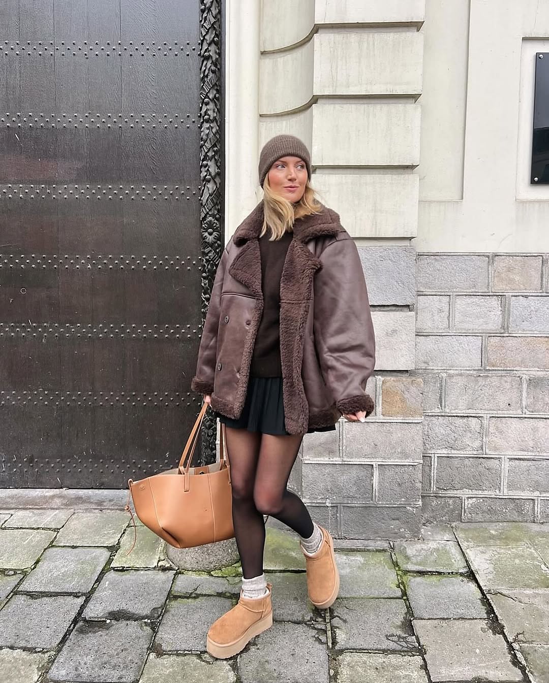 Oversized Shearling Jacket With Pleated Mini Skirt