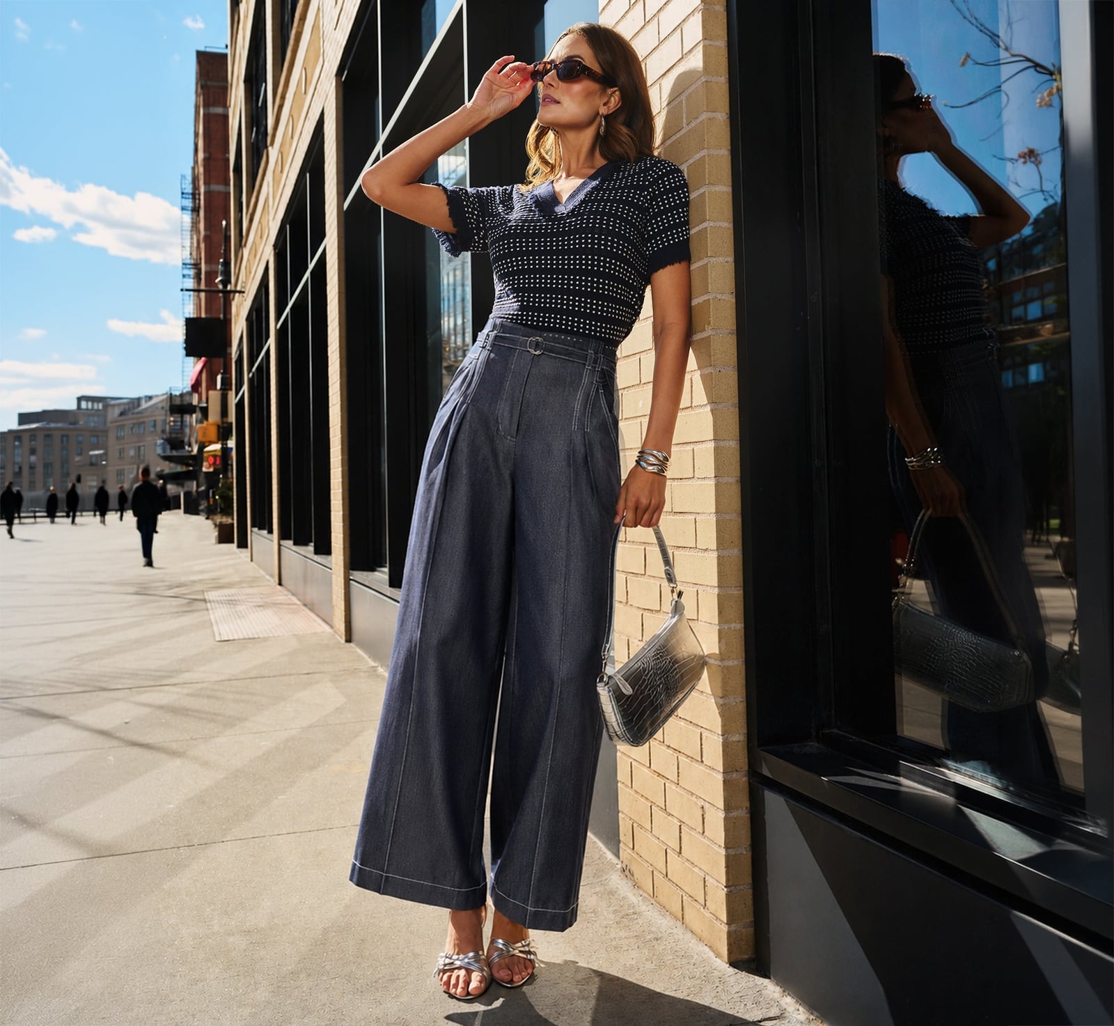 Denim Wide Leg Pants With Patterned Knit Top Denim Wide Leg Pants With Patterned Knit Top — Palazzo Pants Outfits