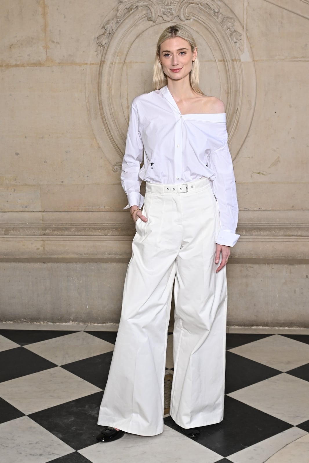 White Wide Leg Trousers With Off The Shoulder Shirt White Wide Leg Trousers With Off The Shoulder Shirt — Palazzo Pants Outfits