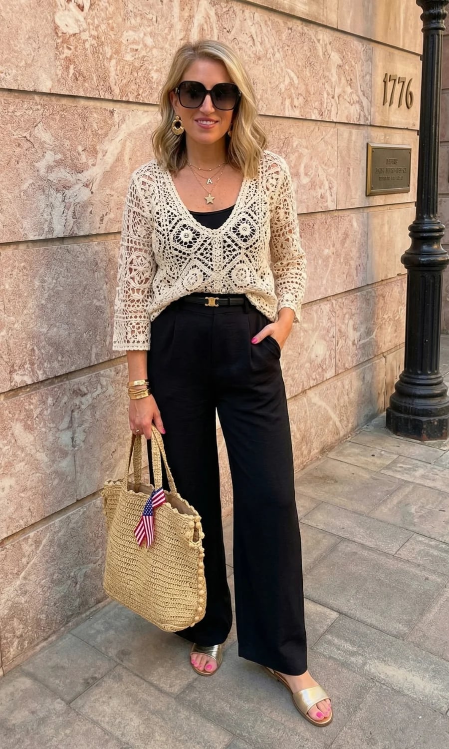 Black Palazzo Pants With Crochet Sweater And Straw Tote Black Palazzo Pants With Crochet Sweater And Straw Tote — Palazzo Pants Outfits