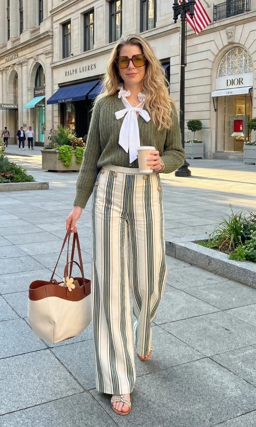 Striped Palazzo Pants With Green Sweater And Ruffled Shirt Striped Palazzo Pants With Green Sweater And Ruffled Shirt — Palazzo Pants Outfits
