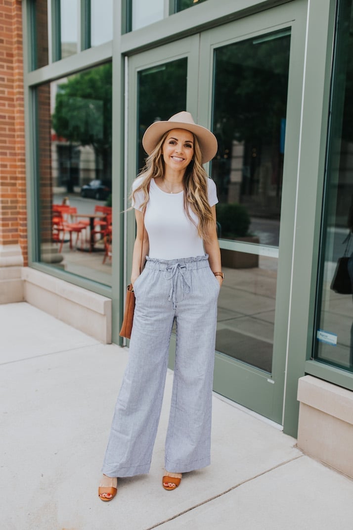 Striped Wide Leg Pants With Paperbag Waist Striped Wide Leg Pants With Paperbag Waist — Palazzo Pants Outfits