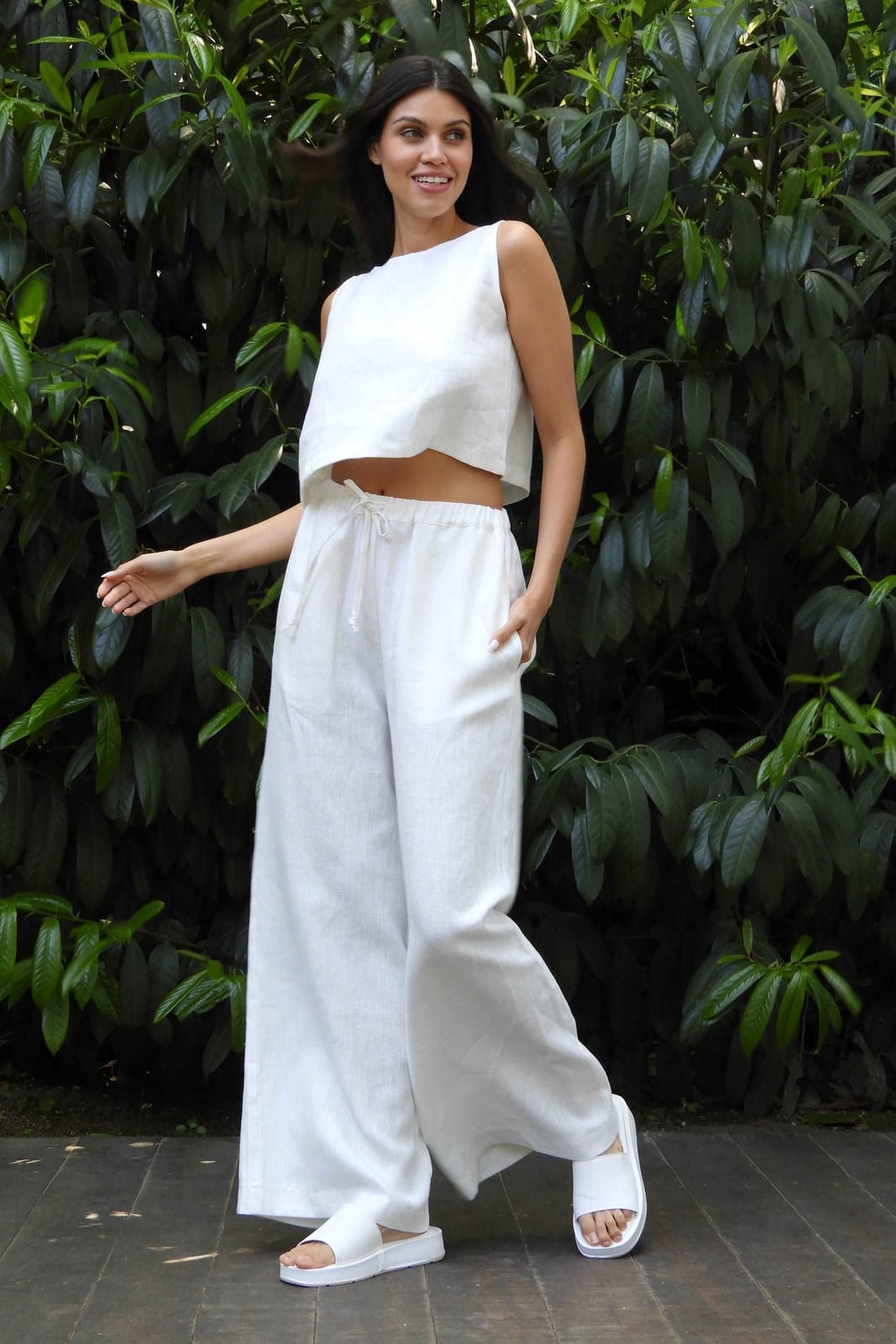 White Extra Baggy Linen Palazzo Pants With Matching Top White Extra Baggy Linen Palazzo Pants With Matching Top — Palazzo Pants Outfits
