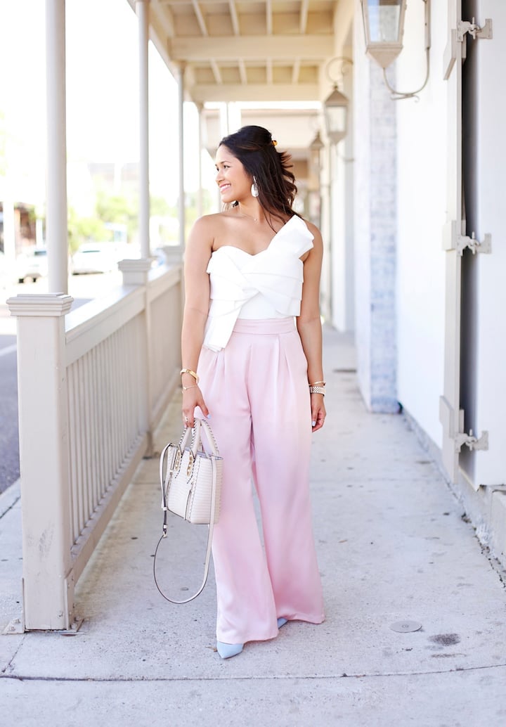 Pink Satin Palazzo Pants With One Shoulder Top Pink Satin Palazzo Pants With One Shoulder Top — Palazzo Pants Outfits