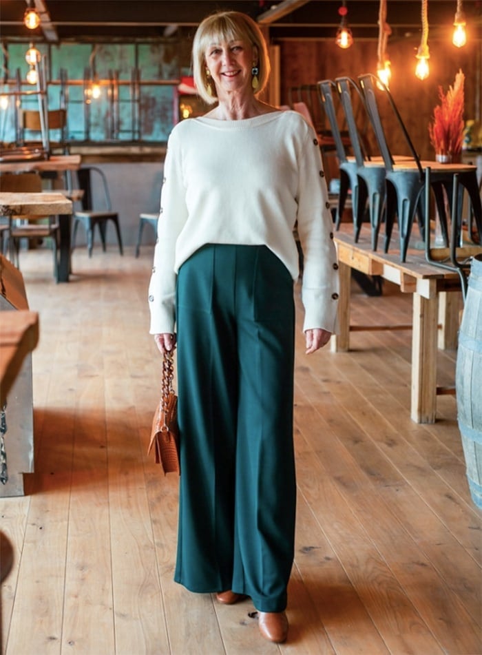 Forest Green Wide Leg Trousers With Cream Sweater, Tan Leather Handbag Forest Green Wide Leg Trousers With Cream Sweater, Tan Leather Handbag — Palazzo Pants Outfits