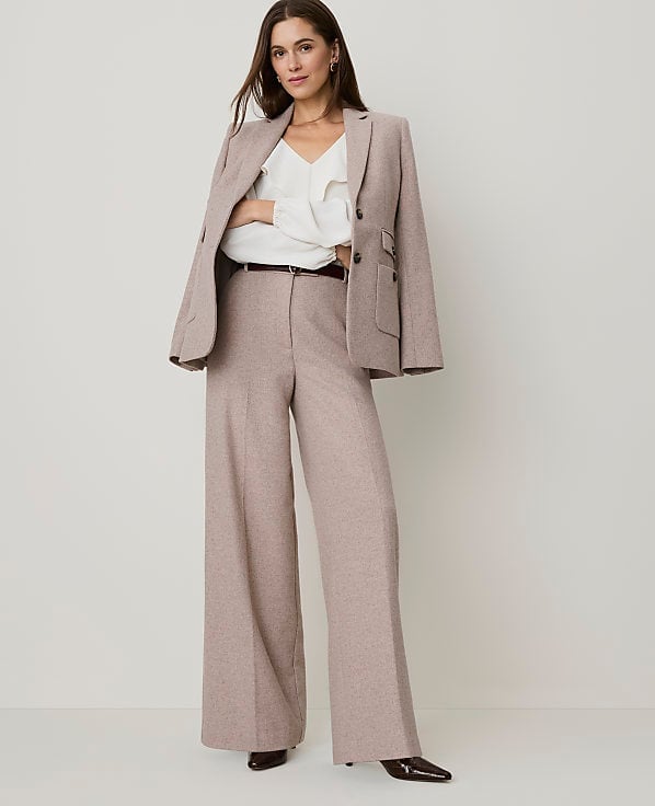 Beige Textured Wide Leg Pants With Ruffled Blouse Beige Textured Wide Leg Pants With Ruffled Blouse — Palazzo Pants Outfits