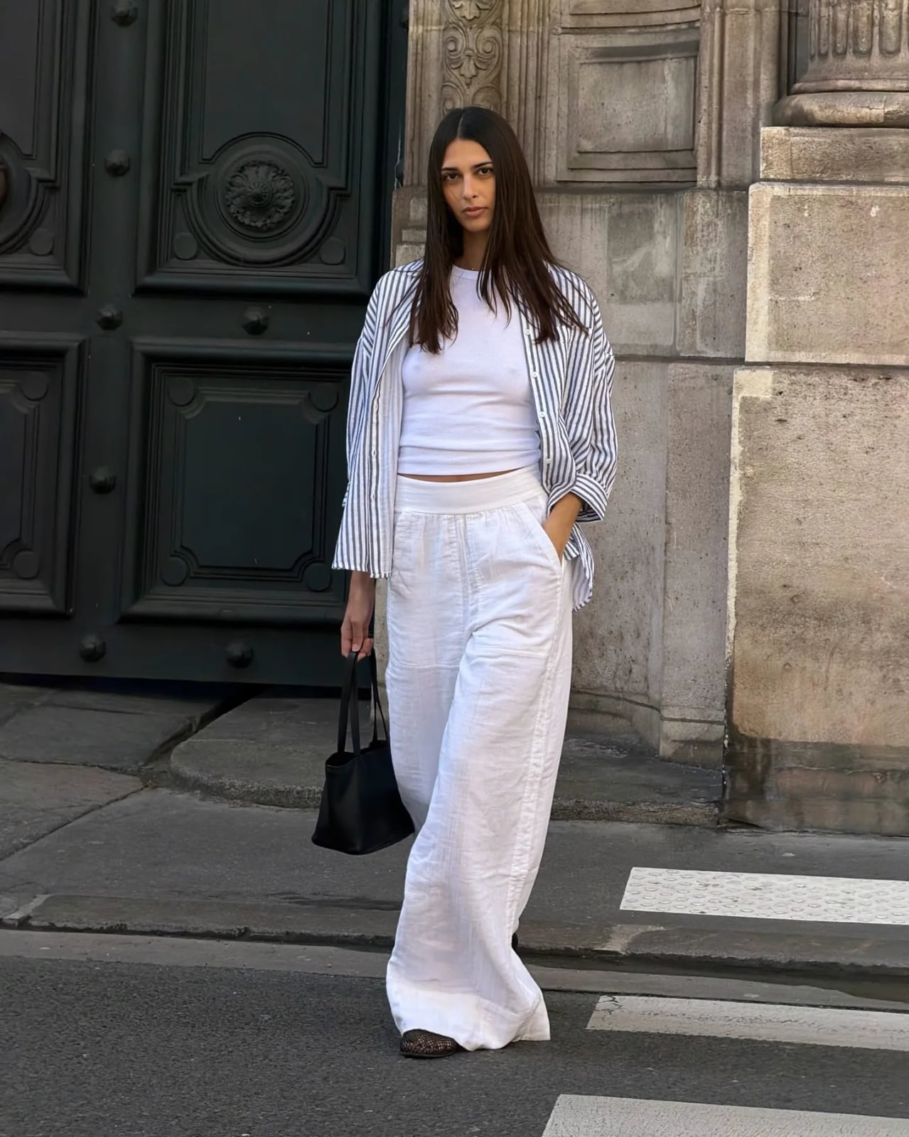 White Linen Palazzo Pants With Striped Shirt Layer White Linen Palazzo Pants With Striped Shirt Layer — Palazzo Pants Outfits