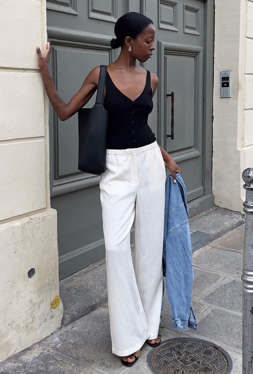 White Linen Trousers With Ribbed Tank And Denim Jacket White Linen Trousers With Ribbed Tank And Denim Jacket — Palazzo Pants Outfits