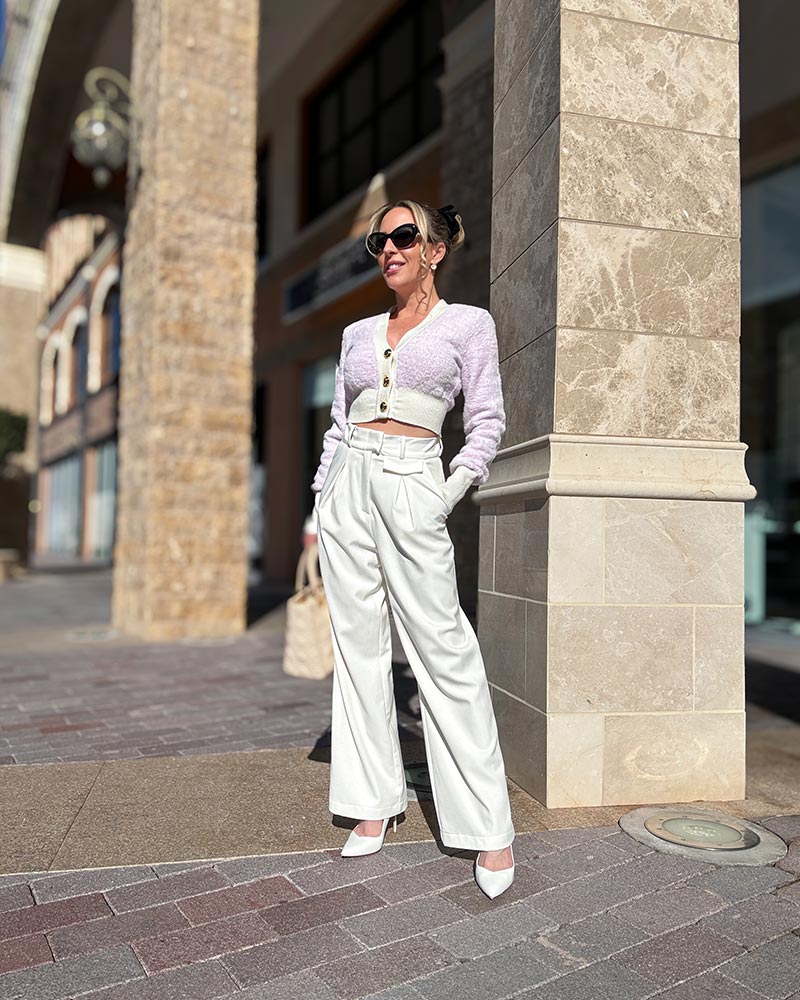 White Faux Leather Pants With Lilac Cropped Cardigan White Faux Leather Pants With Lilac Cropped Cardigan — Palazzo Pants Outfits