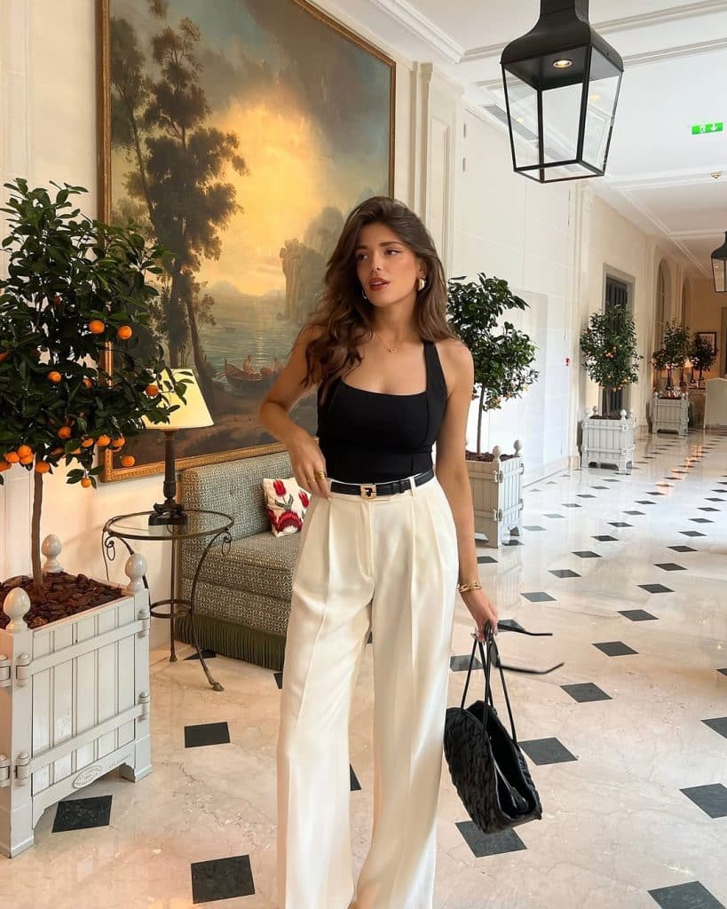 White Palazzo Pants With Black Halter And Blazer White Palazzo Pants With Black Halter And Blazer — Palazzo Pants Outfits