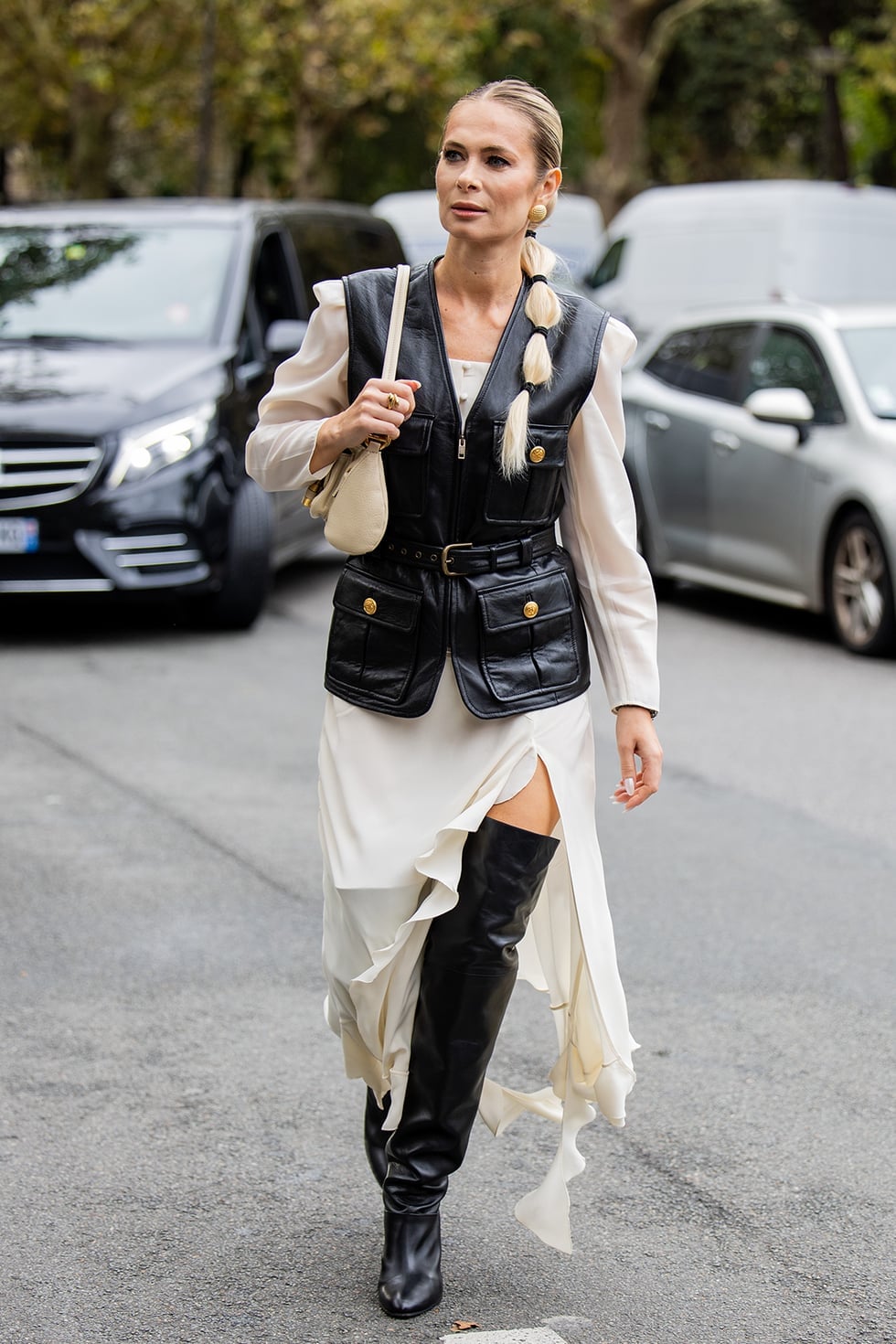 Leather Utility Vest Over Sheer Blouse and Dress Leather Utility Vest Over Sheer Blouse and Dress — Paris Outfits