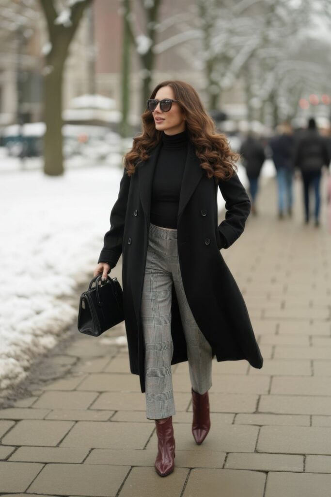 Long Black Coat with Plaid Trousers Long Black Coat with Plaid Trousers — Paris Outfits