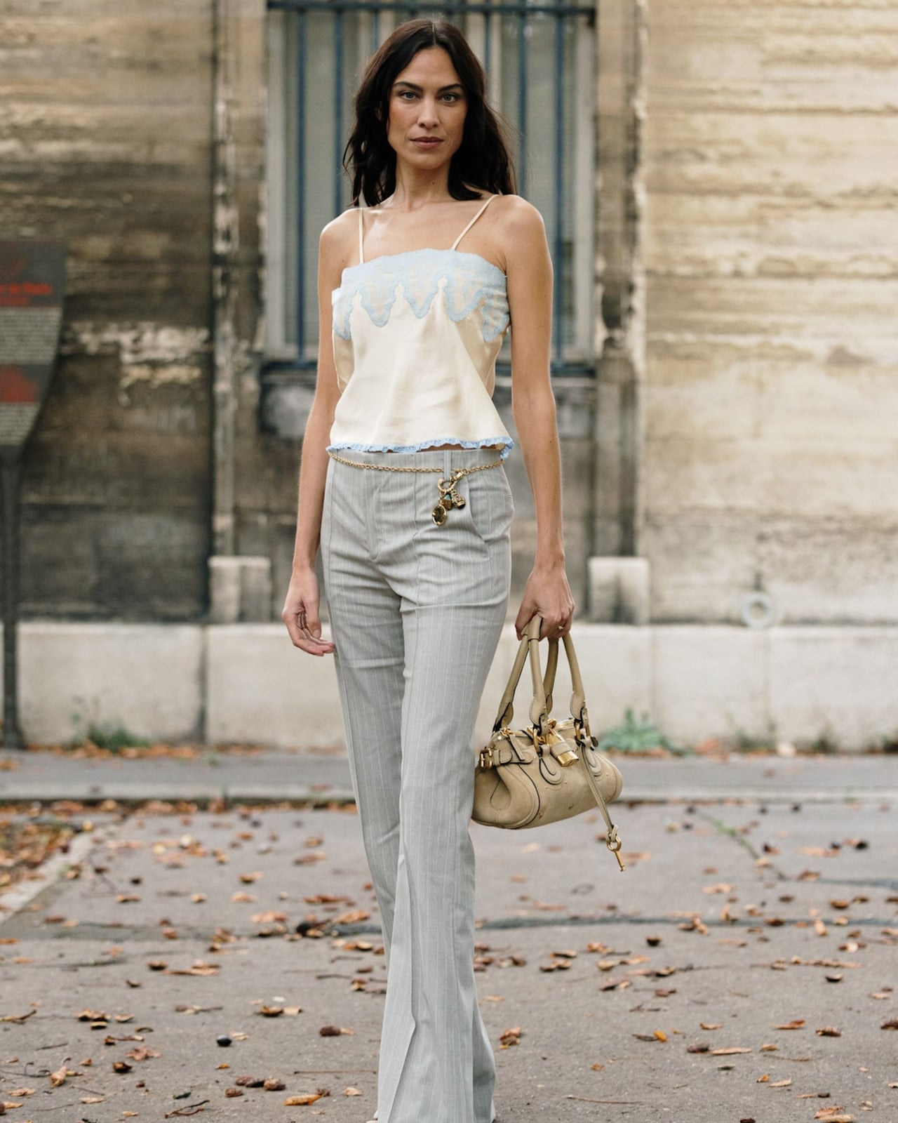 Lace Camisole with Pinstripe Flared Trousers Lace Camisole with Pinstripe Flared Trousers — Paris Outfits