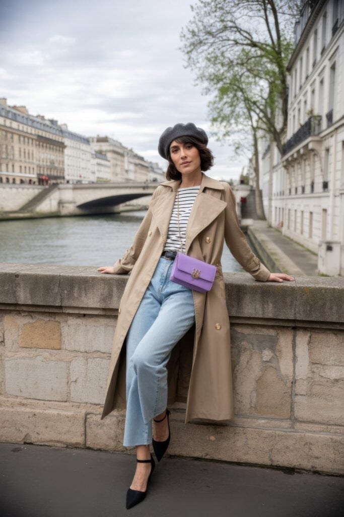 Beige Trench Coat Over Striped Top and Jeans Beige Trench Coat Over Striped Top and Jeans — Paris Outfits