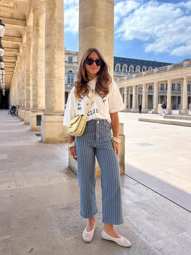 Graphic T-Shirt with Striped Wide-Leg Pants Graphic T-Shirt with Striped Wide-Leg Pants — Paris Outfits