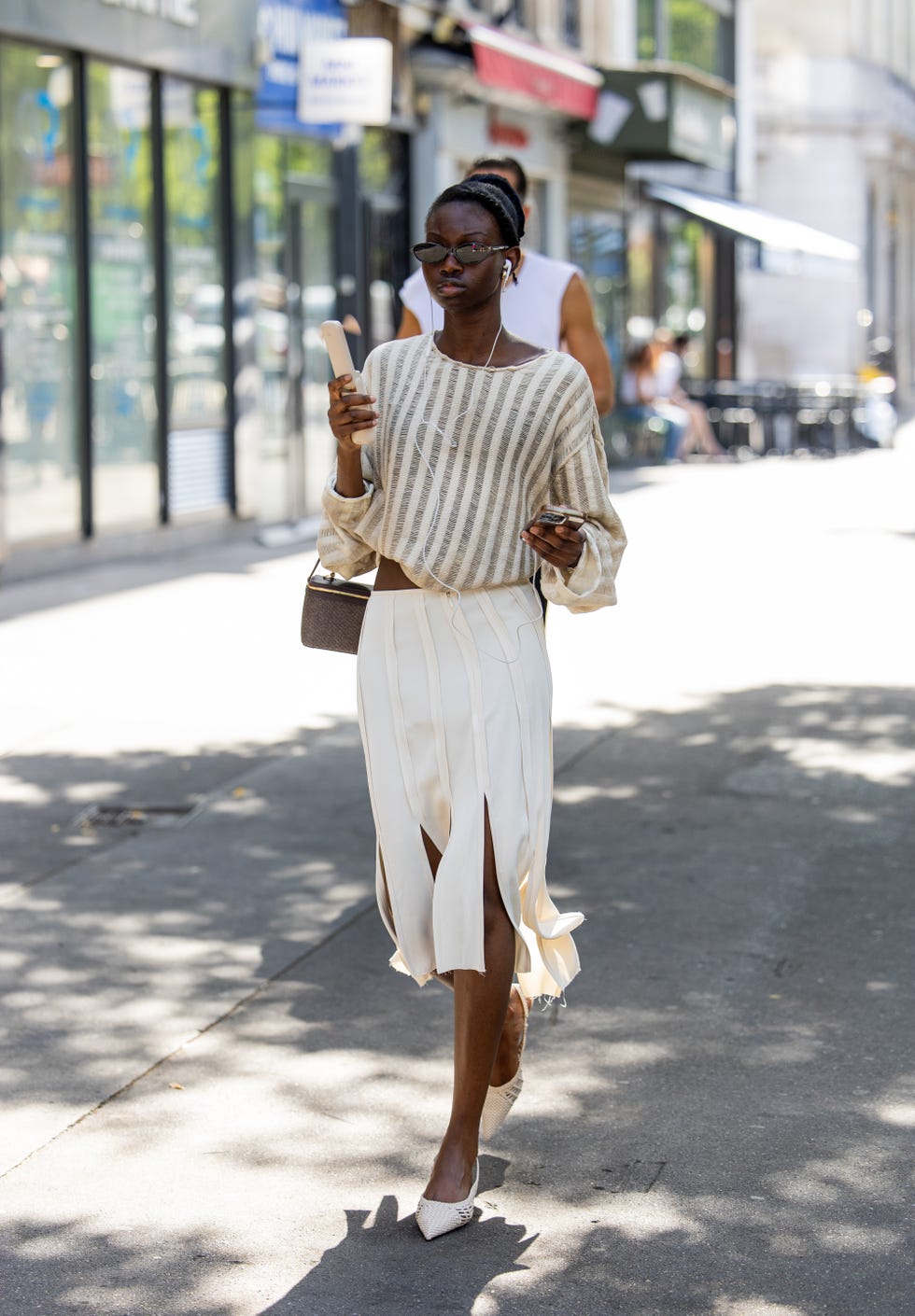 Sheer Striped Top with Midi Skirt and Slits Sheer Striped Top with Midi Skirt and Slits — Paris Outfits