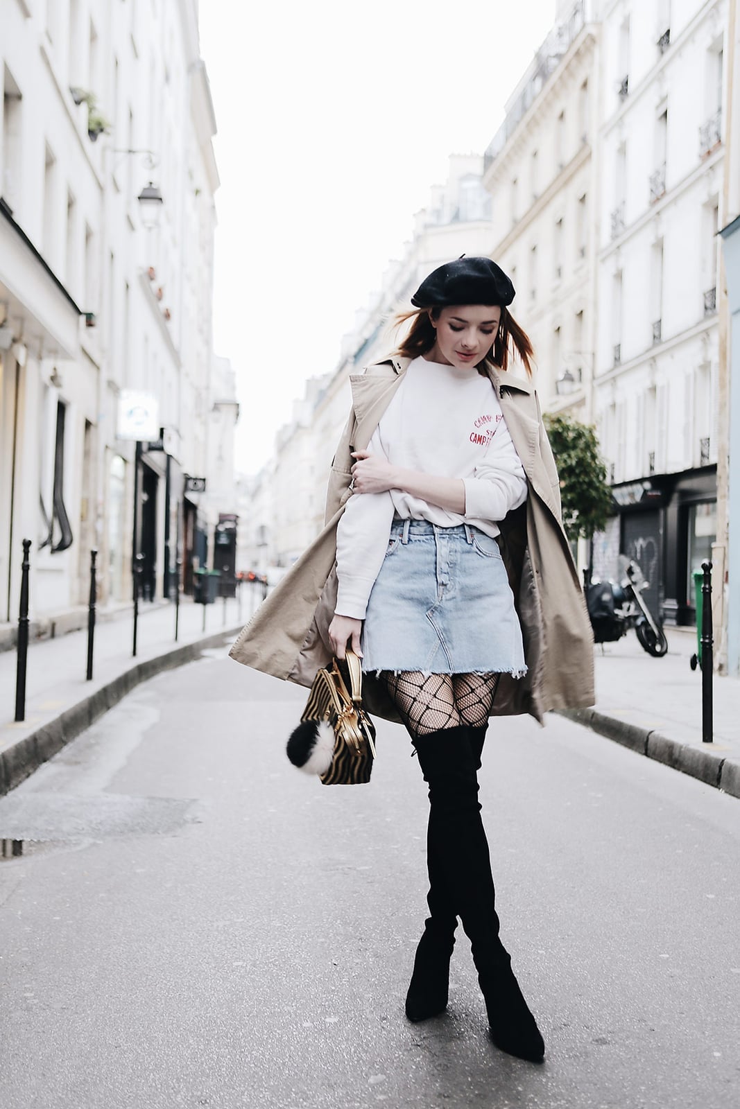 Denim Mini Skirt, Sweatshirt, and Trench Coat Mix Denim Mini Skirt, Sweatshirt, and Trench Coat Mix — Paris Outfits