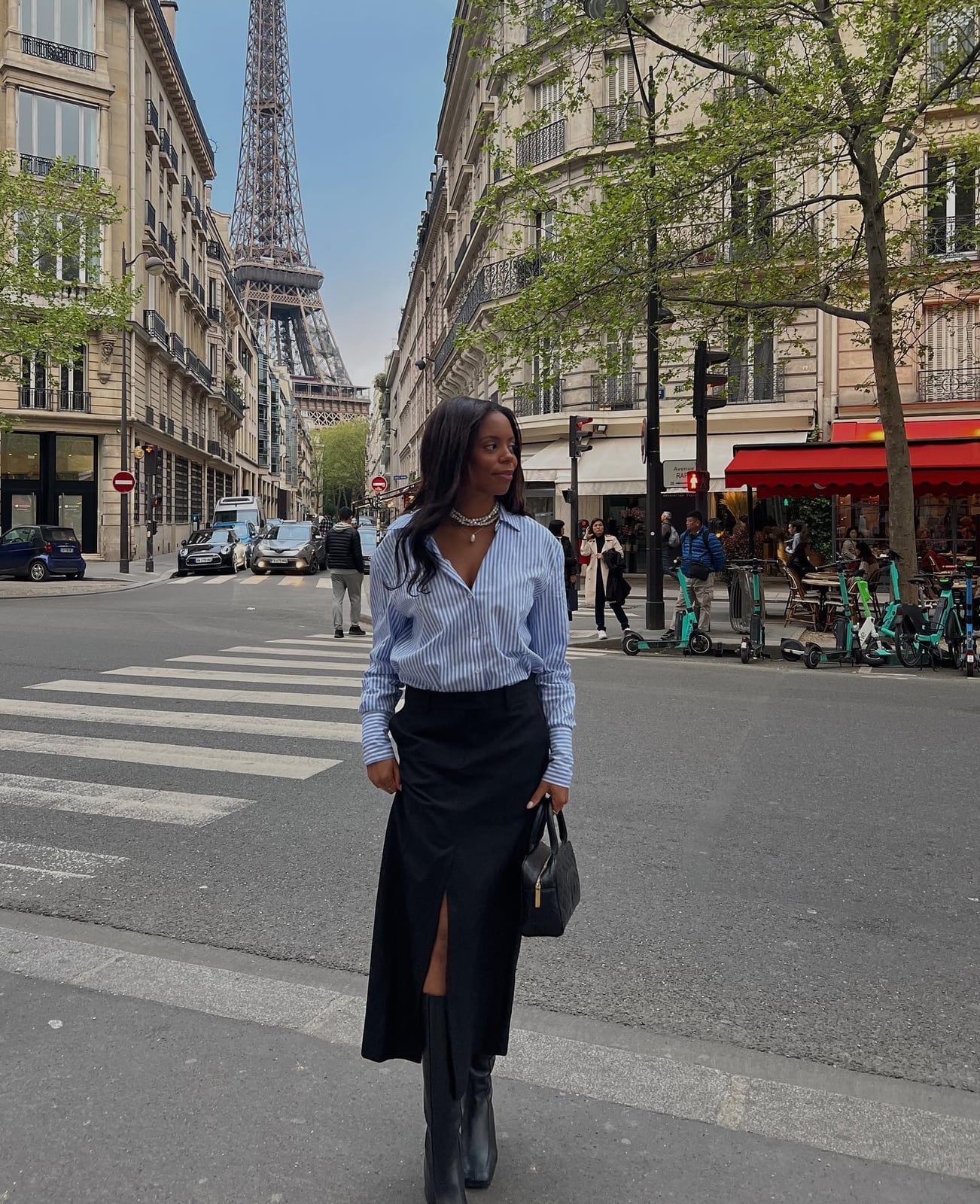 Striped button-down shirt with black midi skirt Striped button-down shirt with black midi skirt — Parisian Style