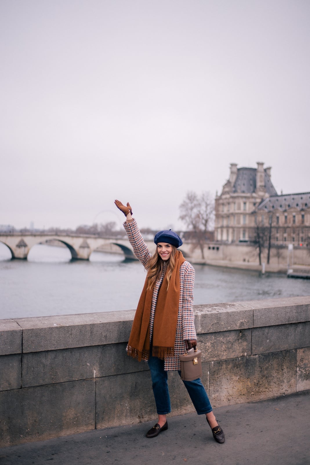 Checked coat over cream knit and blue jeans Checked coat over cream knit and blue jeans — Parisian Style