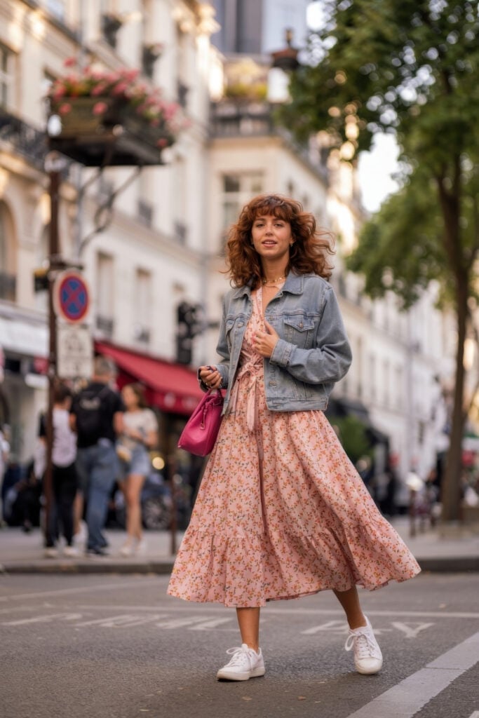 Denim jacket over pink floral print midi dress Denim jacket over pink floral print midi dress — Parisian Style