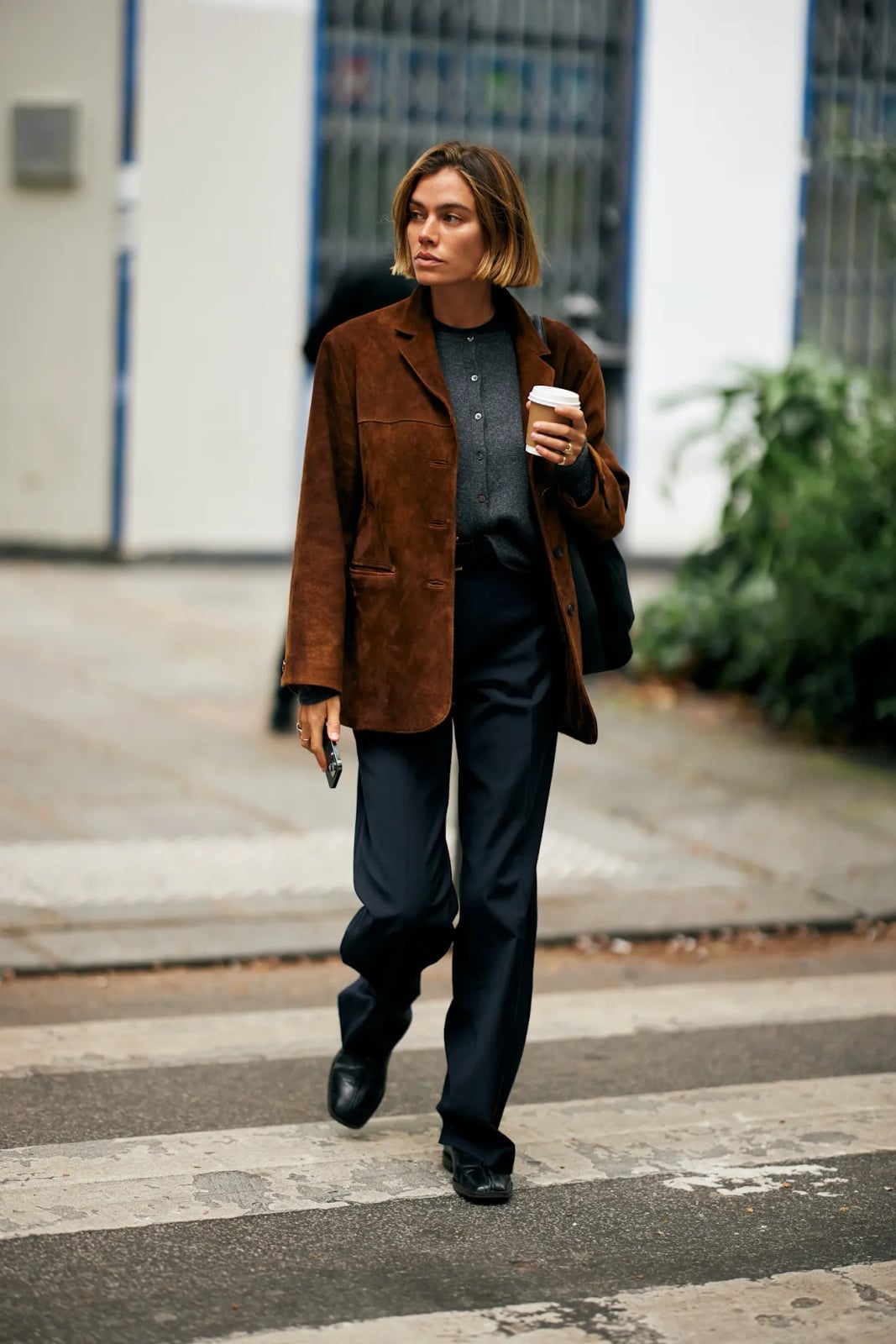 Brown suede blazer with navy trousers Brown suede blazer with navy trousers — Parisian Style