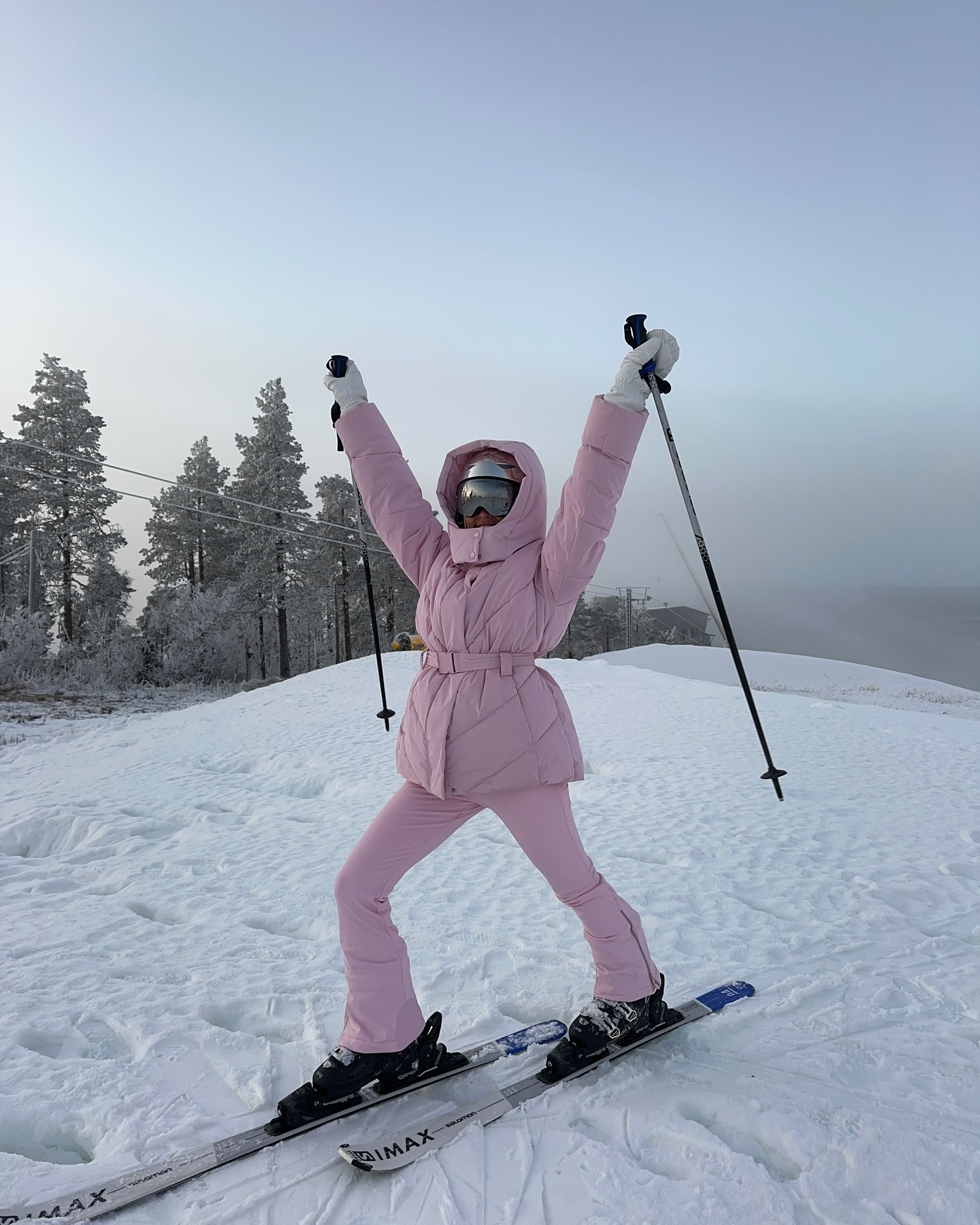Pastel Pink Puffer Ski Suit With Ski Gear