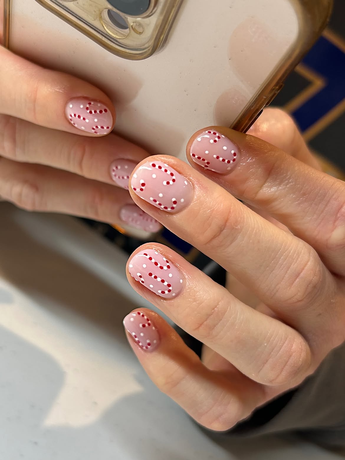 Pastel Pink & Red Dot Short Oval Nails