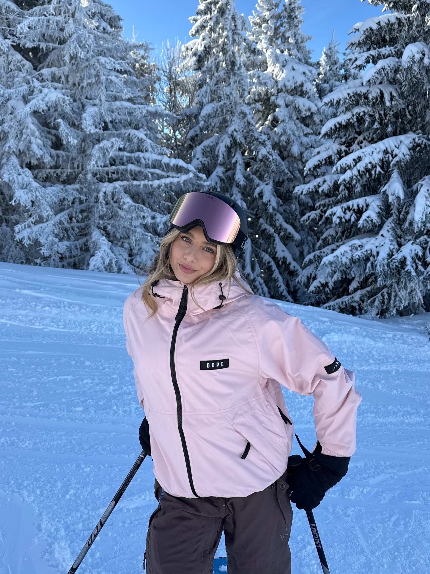 Pastel Pink Ski Jacket With Charcoal Snow Pants