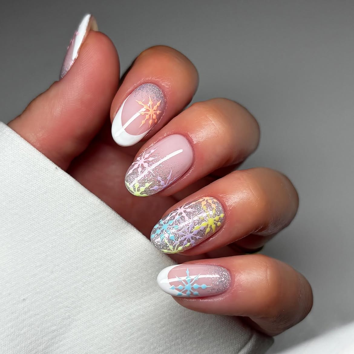 Pastel Snowflake French Tip Christmas Nails
