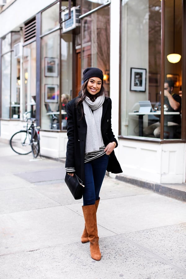Classic black peacoat with gray scarf and dark wash jeans Classic black peacoat with gray scarf and dark wash jeans — Peacoat Outfits