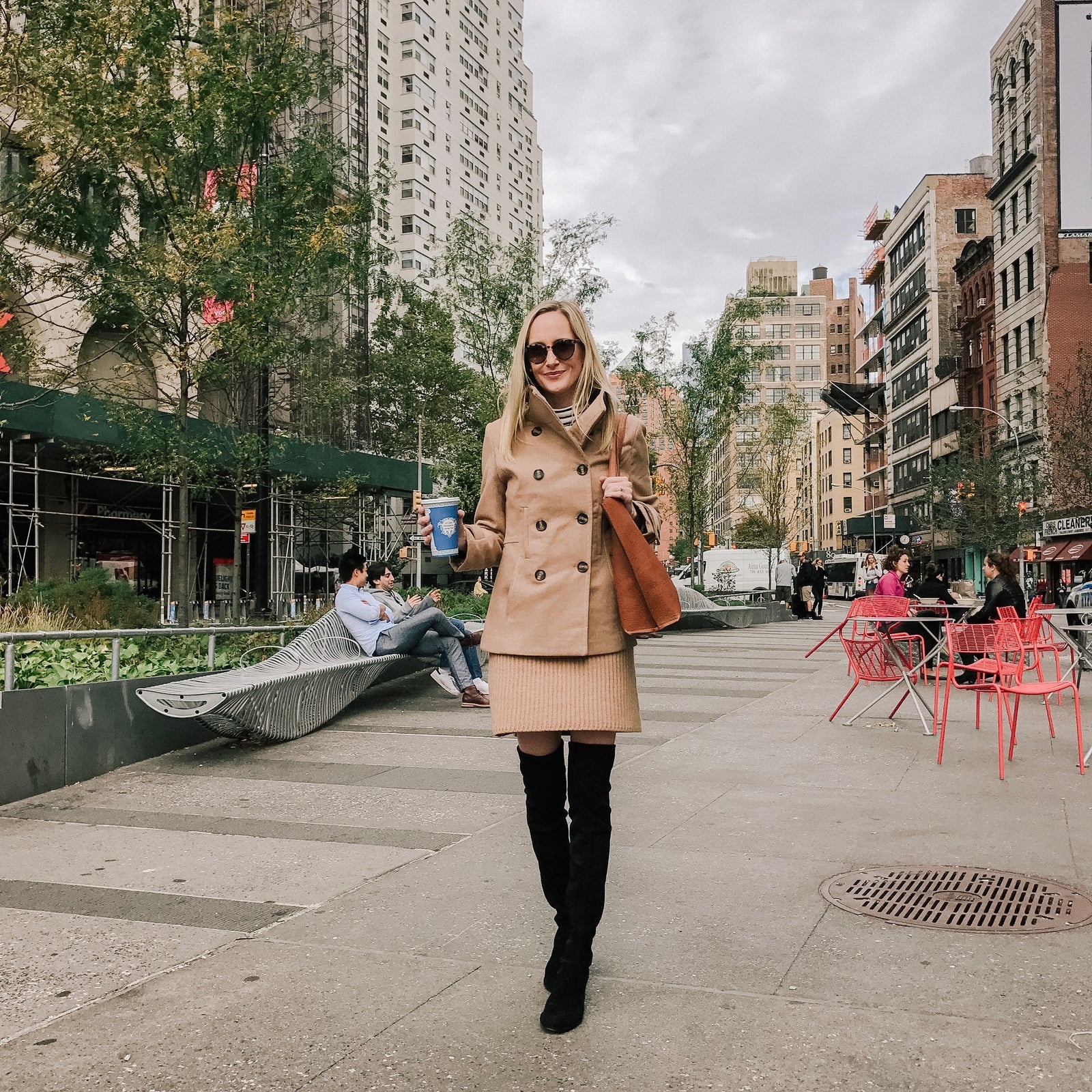 Camel peacoat with striped top, beige knit skirt, and over-the-knee Camel peacoat with striped top, beige knit skirt, and over-the-knee — Peacoat Outfits