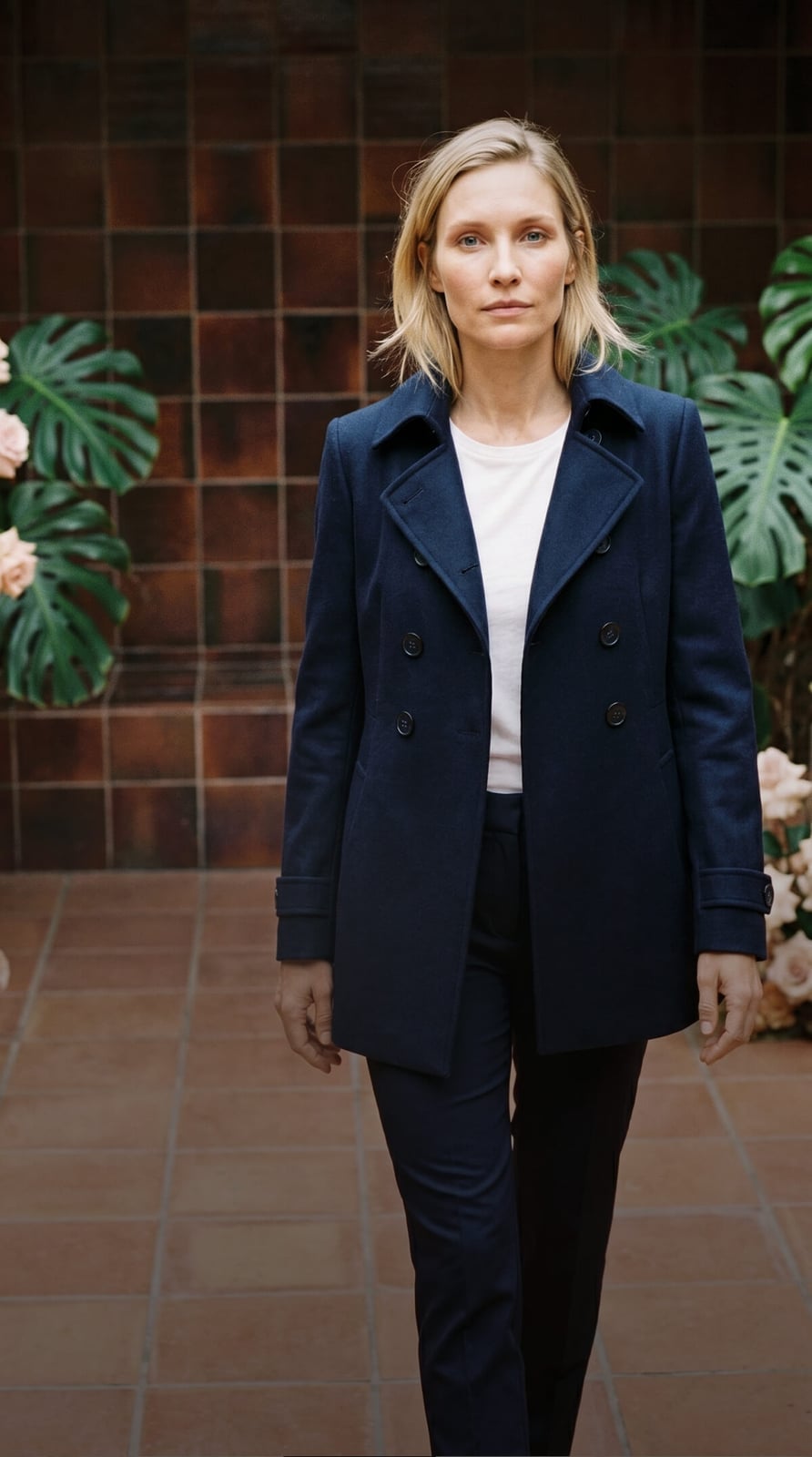 Classic navy double-breasted peacoat with white t-shirt and dark Classic navy double-breasted peacoat with white t-shirt and dark — Peacoat Outfits