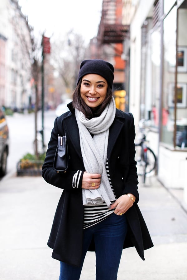 Classic black peacoat with gray scarf and dark wash, Close-Up Take Classic black peacoat with gray scarf and dark wash, Close-Up Take — Peacoat Outfits