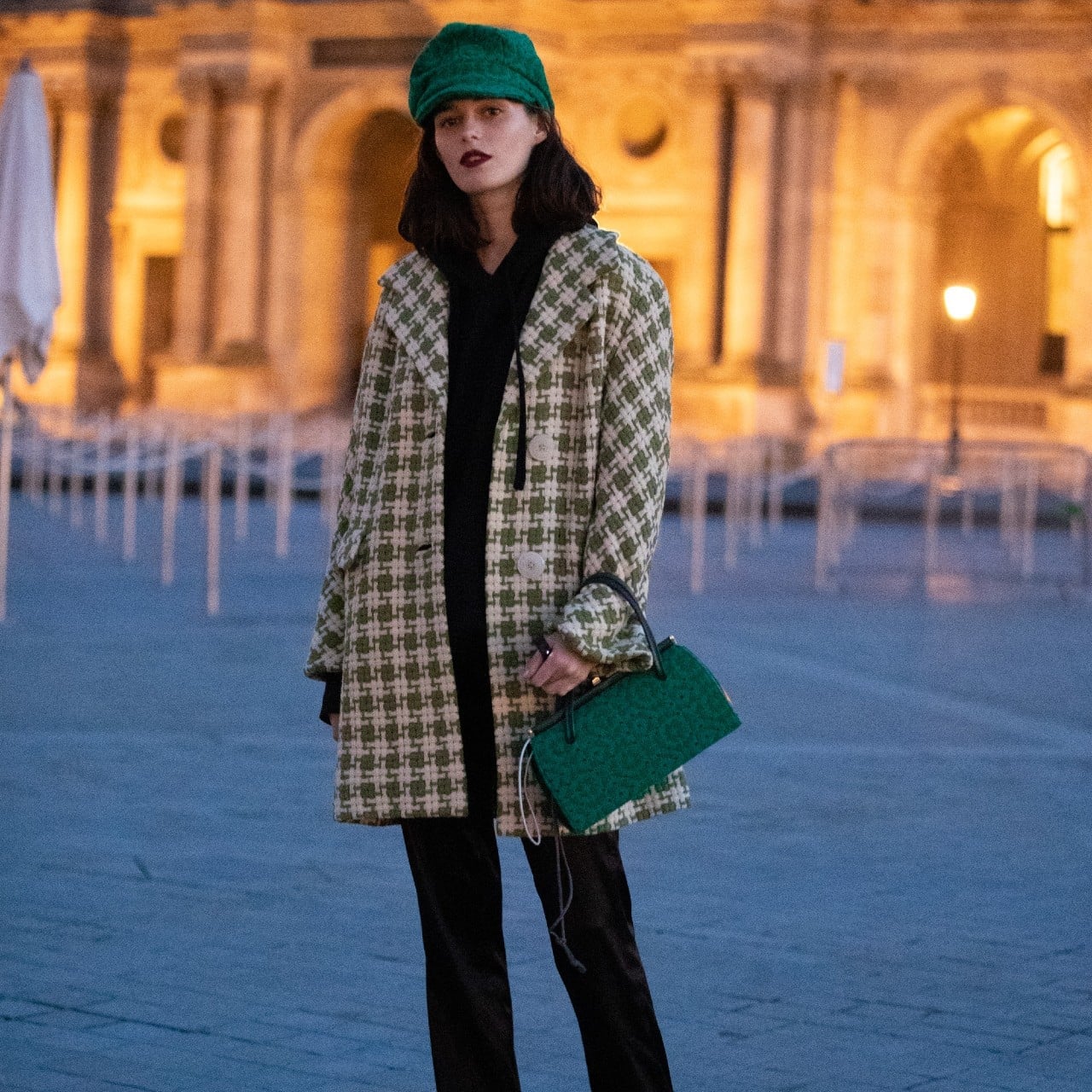 Green and cream checked peacoat over a black hoodie and black trousers Green and cream checked peacoat over a black hoodie and black trousers — Peacoat Outfits