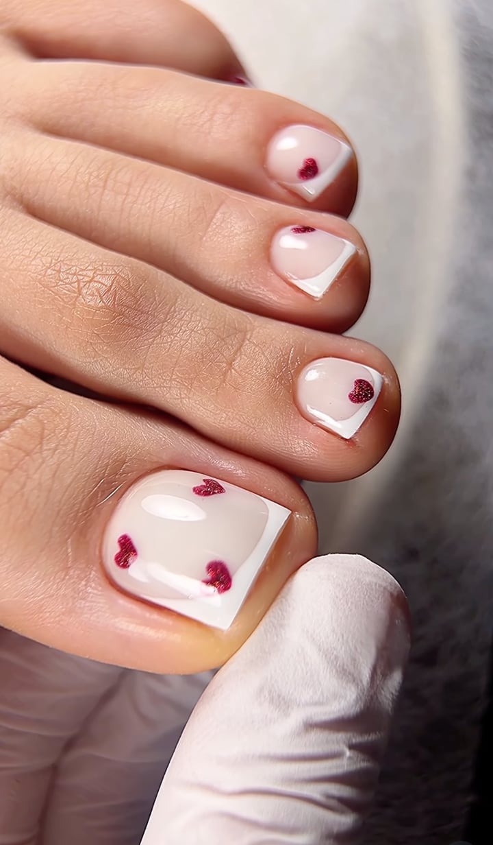 Pink French Glitter Heart Accent Pedicure Pink French Glitter Heart Accent Pedicure — Pedicure Nails