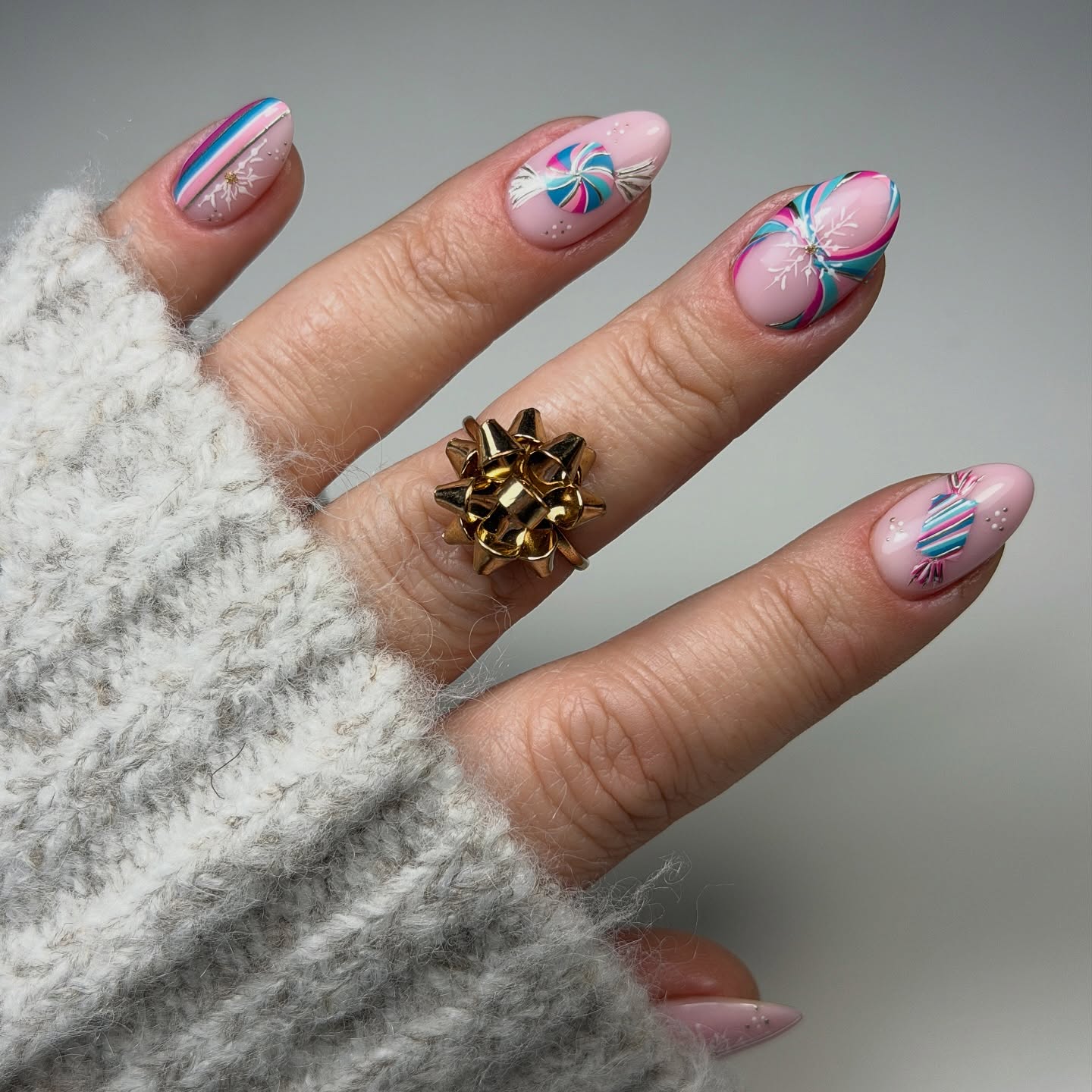 Peppermint Candy Christmas Almond Nails