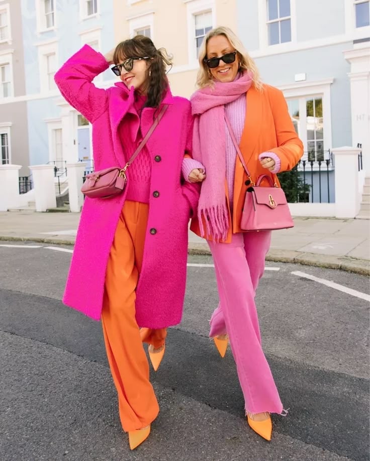 Hot Pink Textured Coat and Orange Trousers Hot Pink Textured Coat and Orange Trousers — Photoshoot Outfits