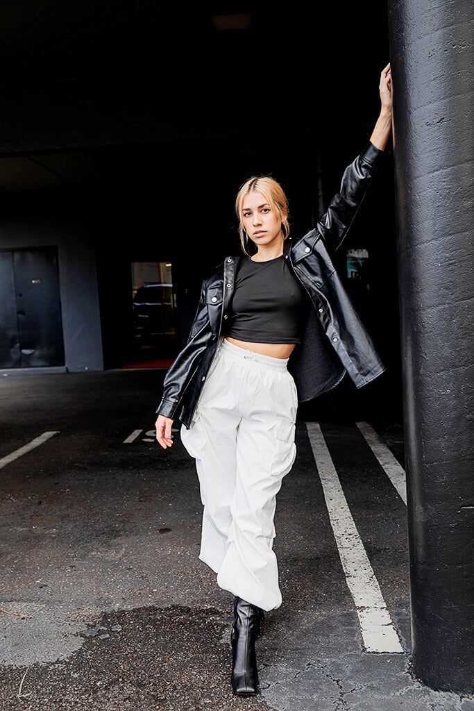 Black Leather Jacket and White Cargo Pants Black Leather Jacket and White Cargo Pants — Photoshoot Outfits
