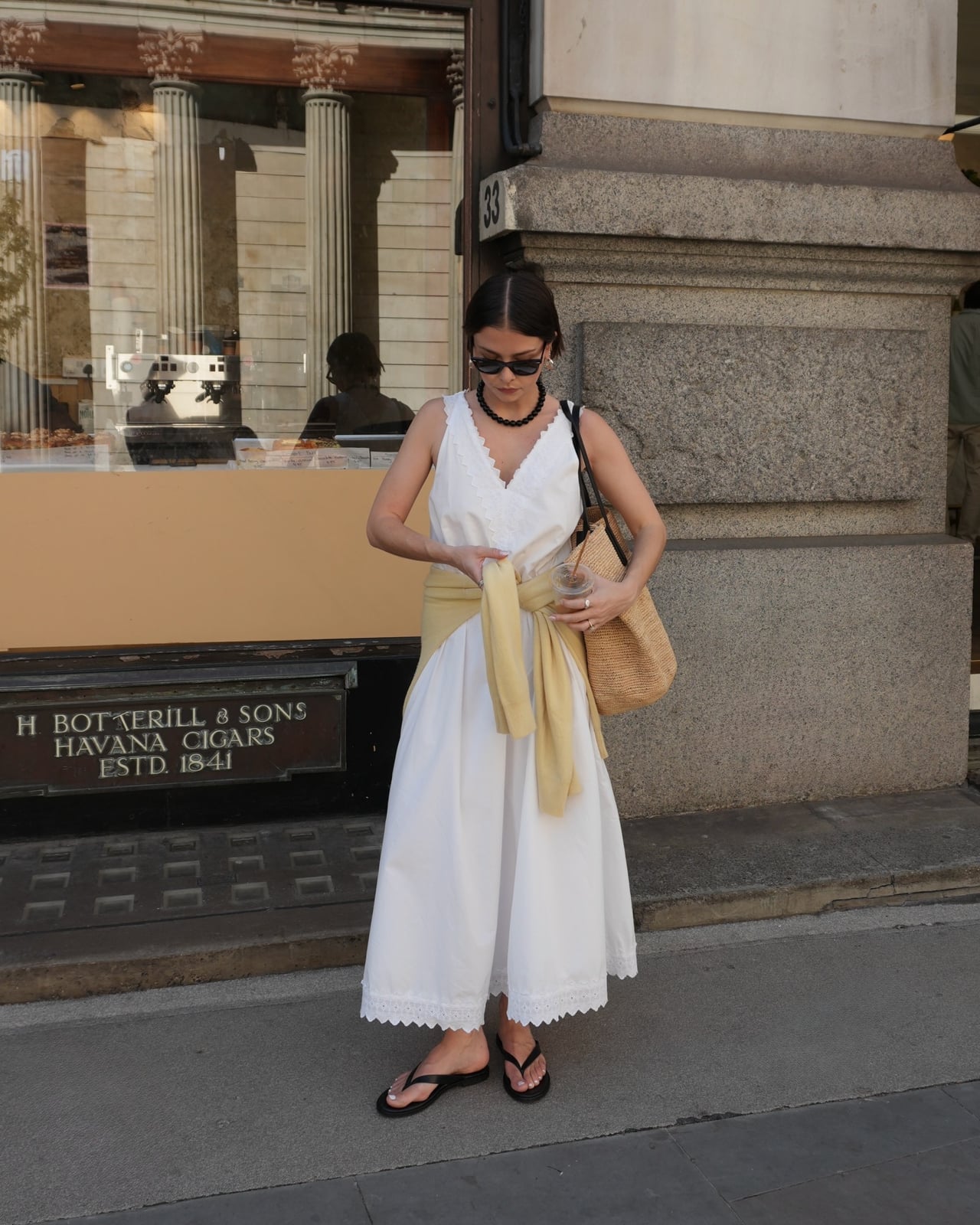 White Lace-Trimmed Maxi Dress with Yellow Sweater White Lace-Trimmed Maxi Dress with Yellow Sweater — Photoshoot Outfits