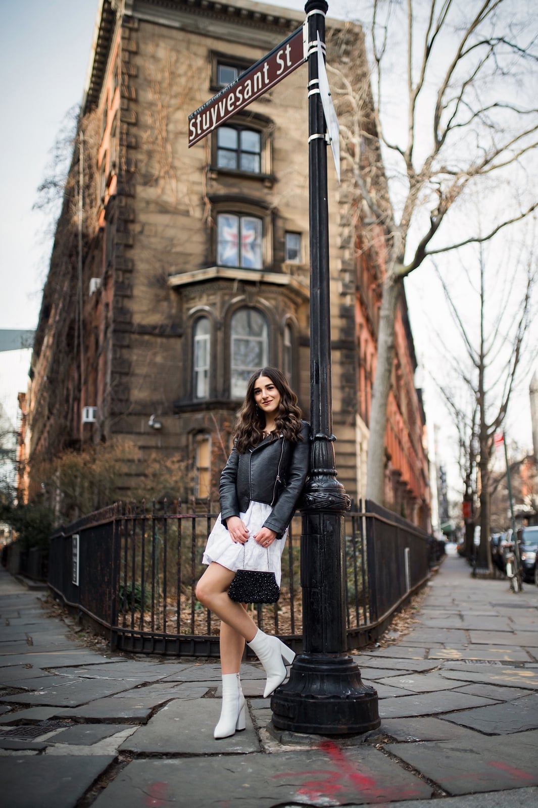 Black Leather Jacket and White Mini Dress Black Leather Jacket and White Mini Dress — Photoshoot Outfits