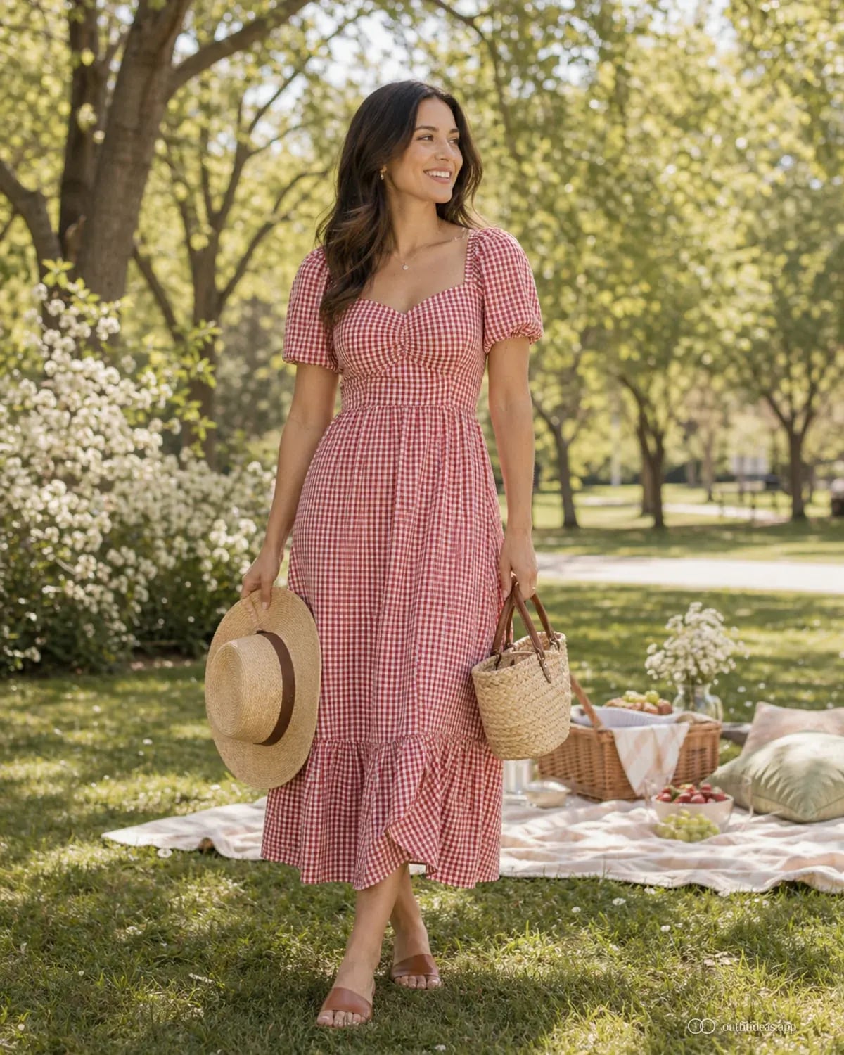 Gingham Dress for a Classic Picnic, Brown Flat Sandals Gingham Dress for a Classic Picnic, Brown Flat Sandals — Picnic Outfit
