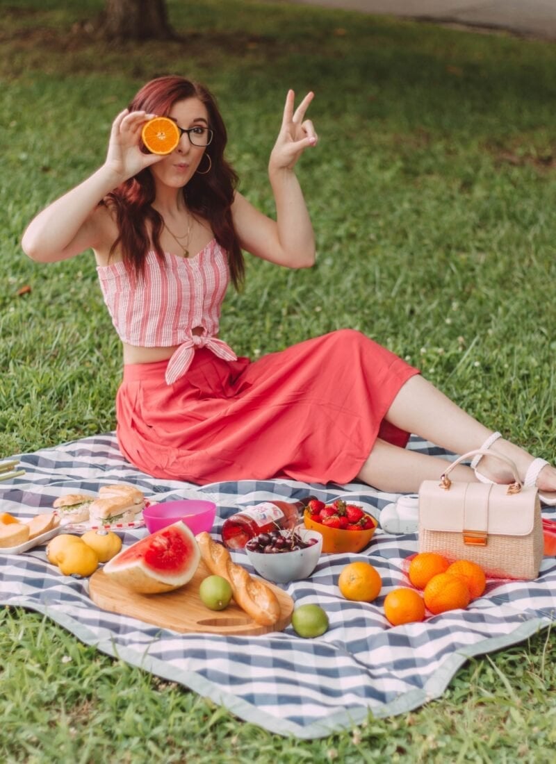 Striped Crop Top and Coral Skirt Striped Crop Top and Coral Skirt — Picnic Outfit