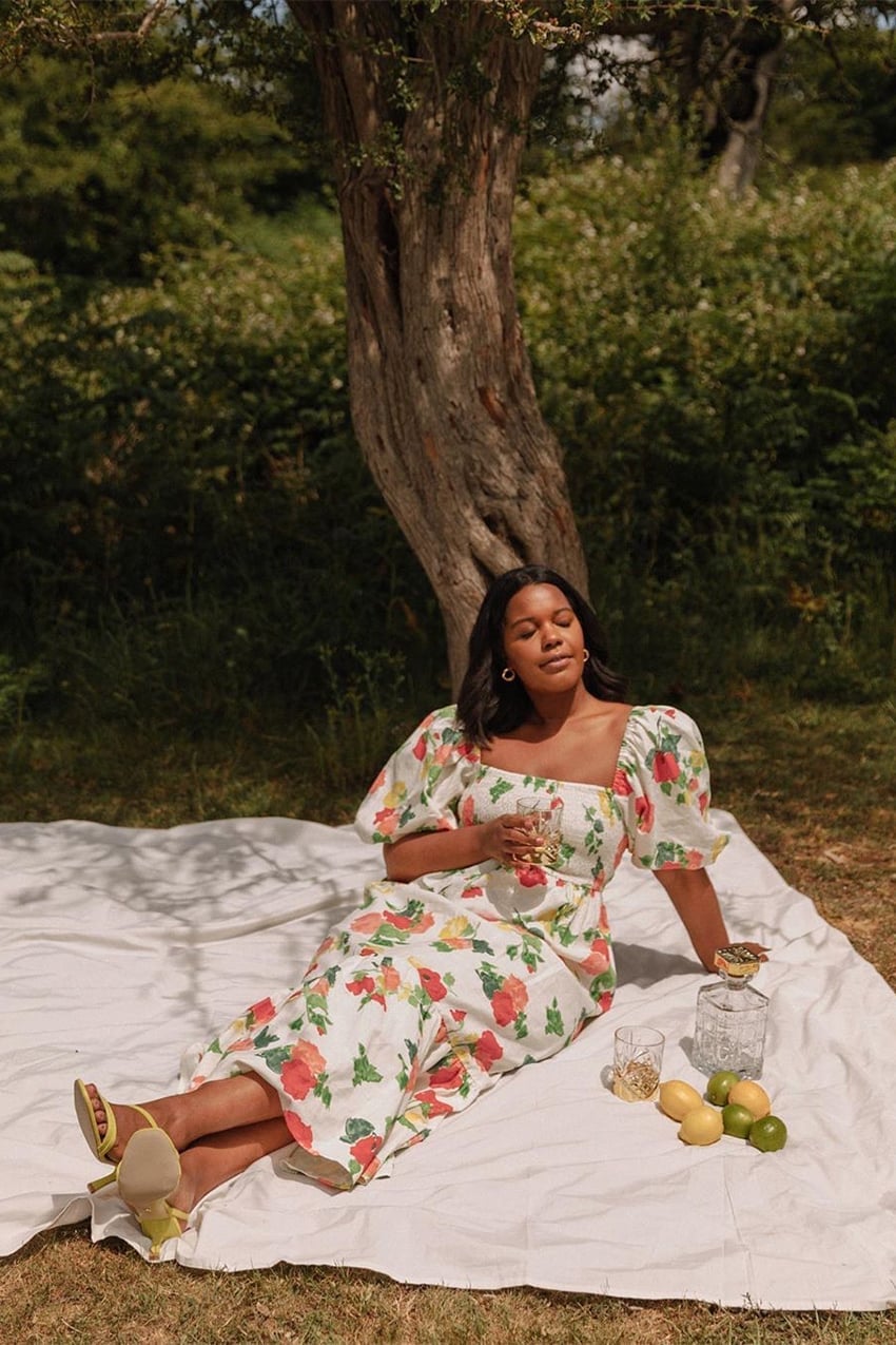 Floral Midi Dress with Puff Sleeves, Yellow Heeled Sandals Floral Midi Dress with Puff Sleeves, Yellow Heeled Sandals — Picnic Outfit