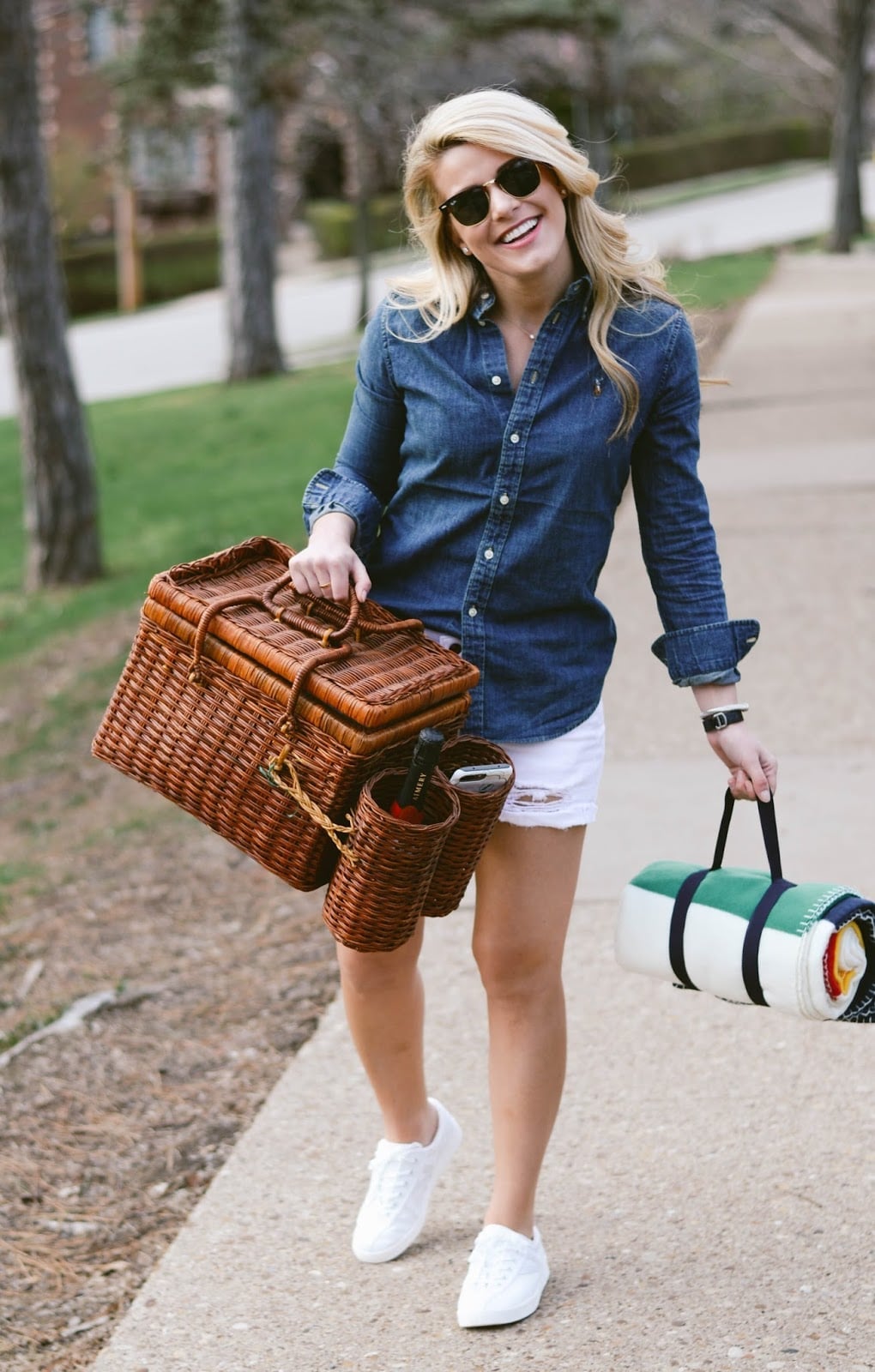 Denim Shirt and White Shorts Denim Shirt and White Shorts — Picnic Outfit