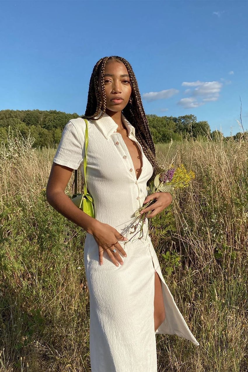Textured White Shirt Dress, Green Handbag Textured White Shirt Dress, Green Handbag — Picnic Outfit