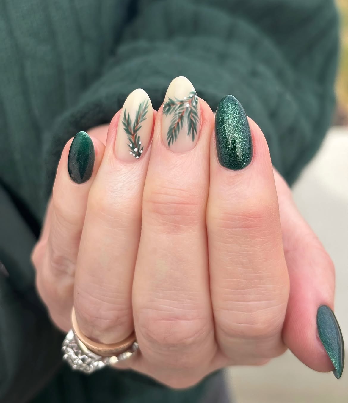 Pine Needle Hand Painted Dark Green Winter Almond Nails